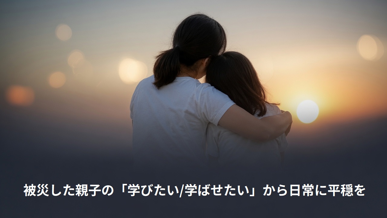 熊本地震支援ページのトップ画像。 親子が夕日の前で肩を寄せ合っている画像。